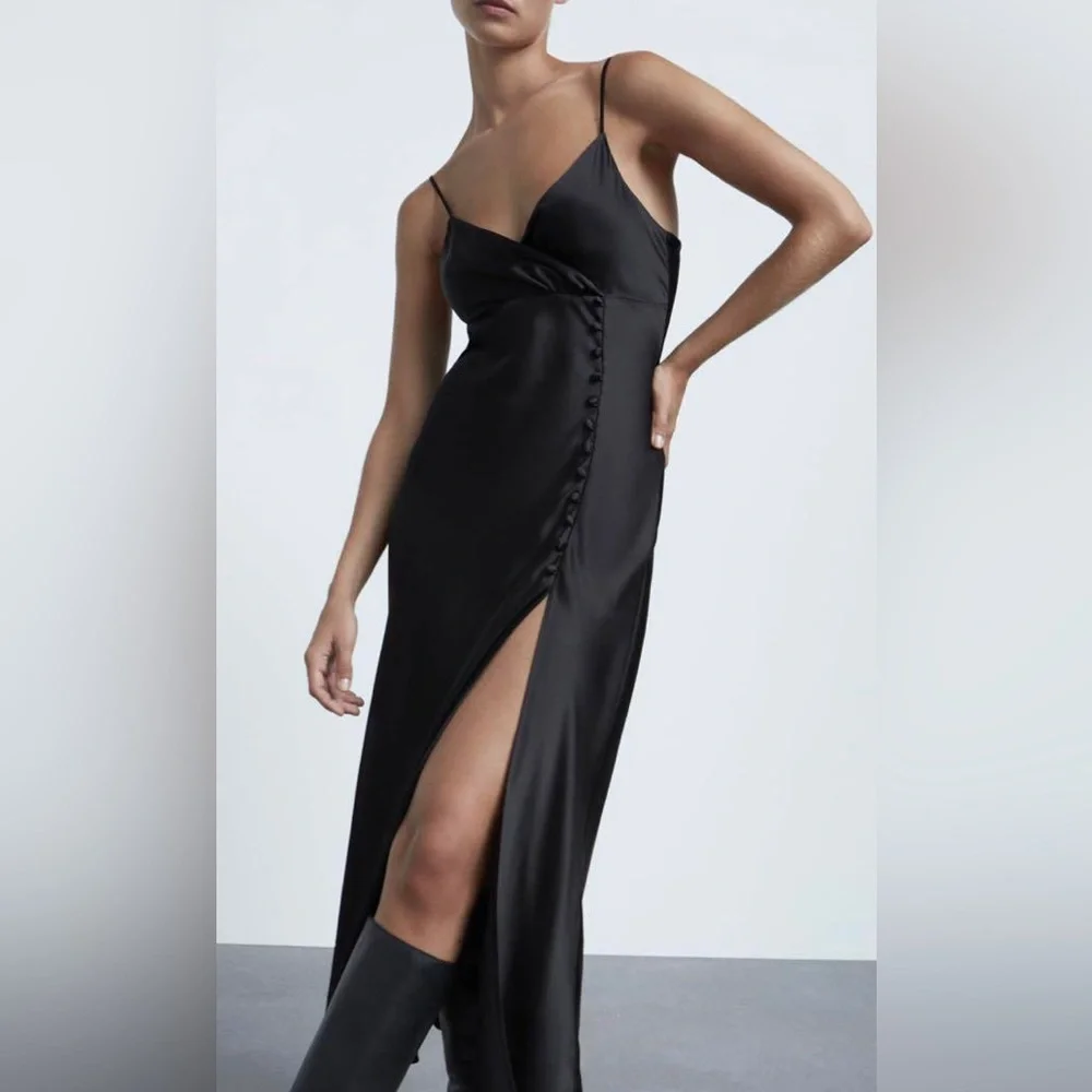 NEW! Zara Black Satin Midi Dress - Picture 1 of 8